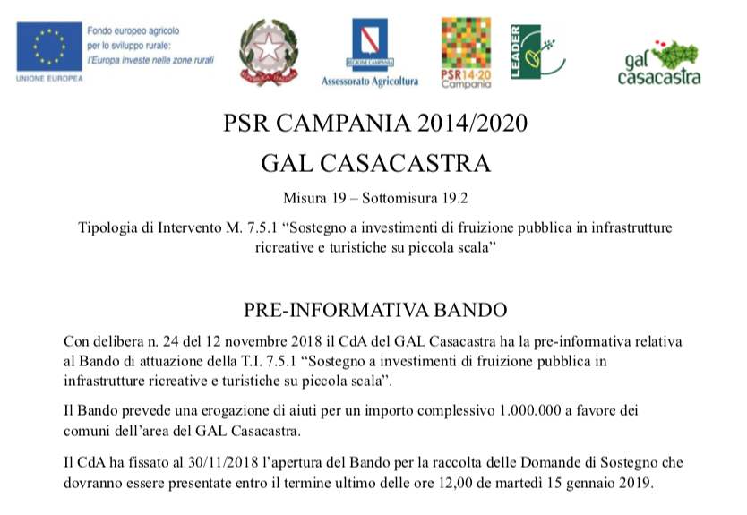 Misura 7.5.1: Sostegno a investimenti di fruizione pubblica in infrastrutture ricreative e turistiche su piccola scala