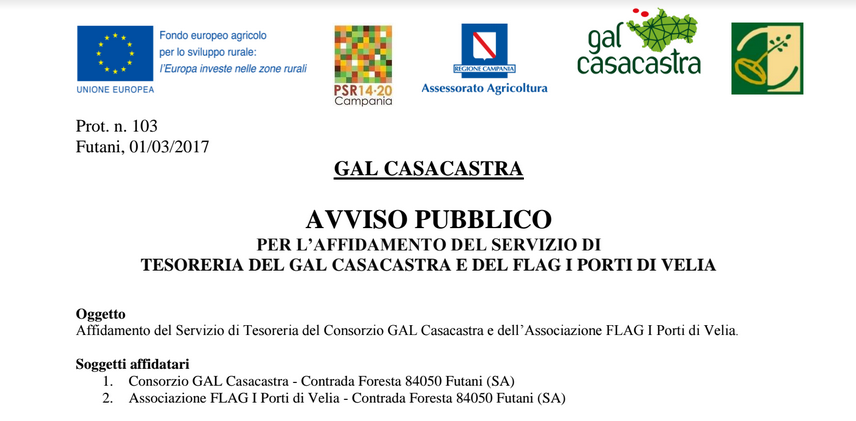 Affido pubblico per l’affidamento del servizio di Tesoreria del GalCasacastra e del FLAG I Porti di Velia