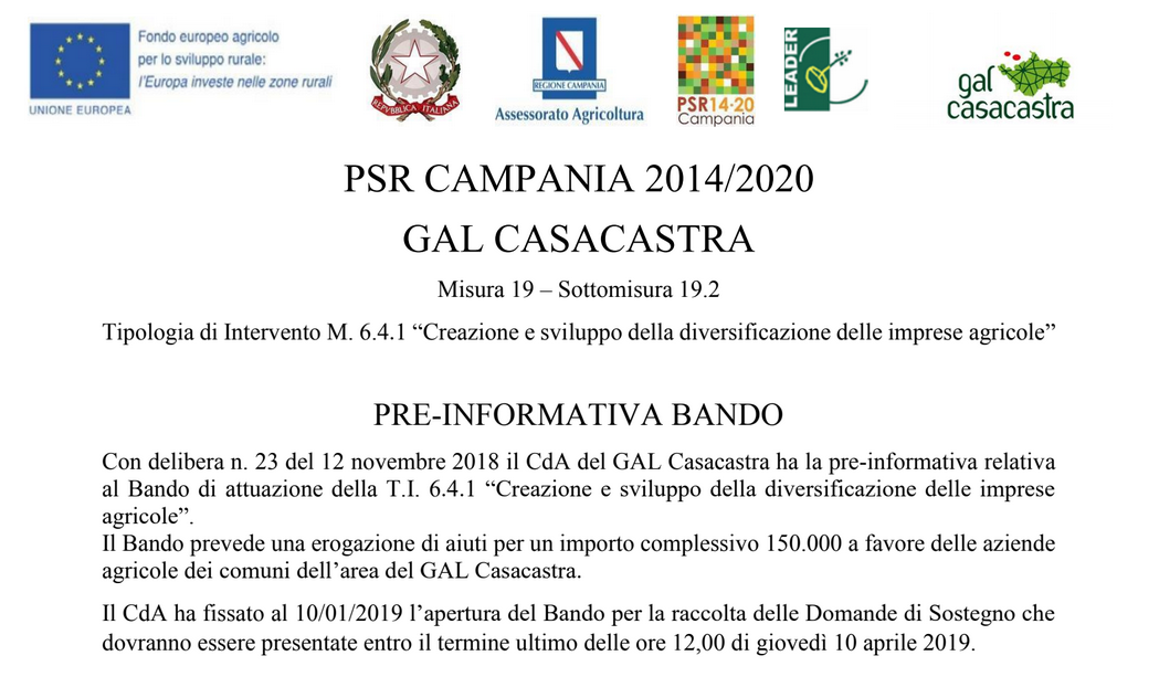 Misura 6.4.1 “Creazione e sviluppo della diversificazione delle imprese agricole”