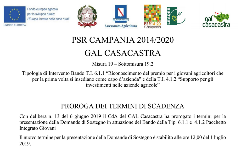 Misura 19 – Sottomisura 19.2 Tipologia di Intervento Bando T.I. 6.1.1 [PROROGA]