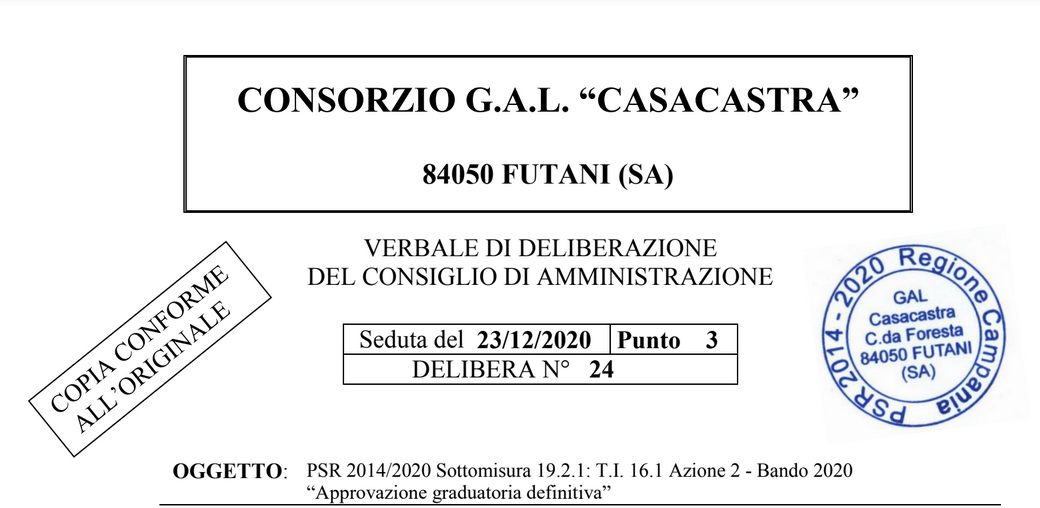 PSR 2014/2020 Sottomisura 19.2.1: T.I. 16.1 Azione 2 – Bando 2020 “Approvazione graduatoria definitiva”