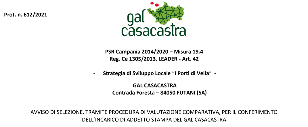 AVVISO DI SELEZIONE, TRAMITE PROCEDURA DI VALUTAZIONE COMPARATIVA, PER IL CONFERIMENTO DELL’INCARICO DI ADDETTO STAMPA DEL GAL CASACASTRA