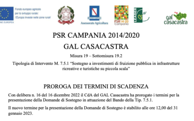 (Proroga) Tipologia di Intervento M. 7.5.1 “Sostegno a investimenti di fruizione pubblica in infrastrutture ricreative e turistiche su piccola scala”