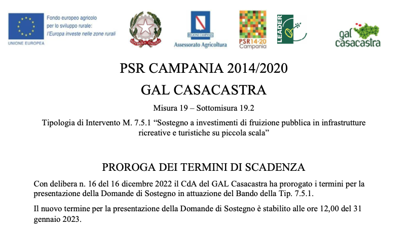 (Proroga) Tipologia di Intervento M. 7.5.1 “Sostegno a investimenti di fruizione pubblica in infrastrutture ricreative e turistiche su piccola scala”