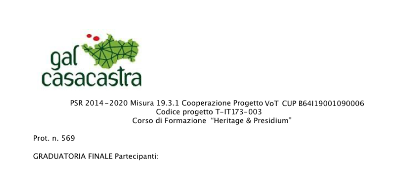 Graduatoria -TI 19.3.1 Corso di Formazione “Heritage & Presidium”