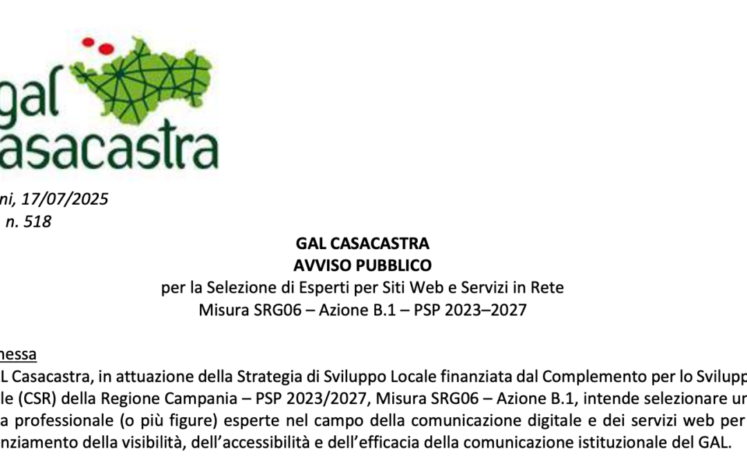 Avviso Selezione Esperti Web GAL Casacastra